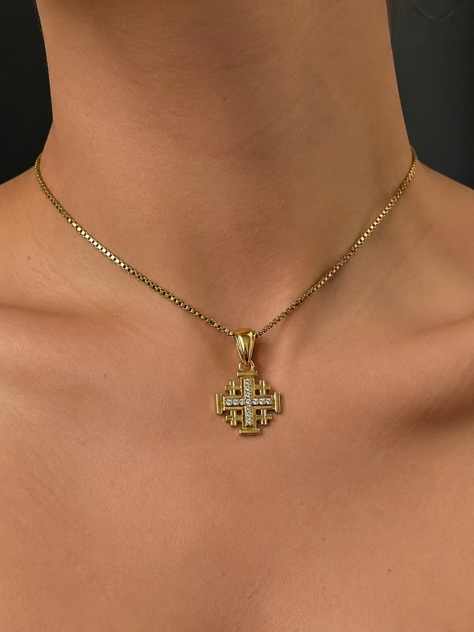Jerusalem Cross Pendant in Gold Plated 925 Silver with Austrian Crystals