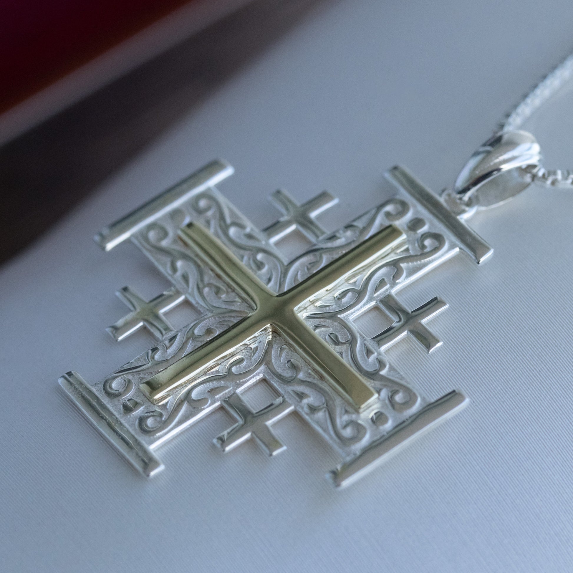 Jerusalem Cross Pendant | Holy Land Christian Jewelry Gift | 925 Silver & 14k Gold | 1.10 Inch Faith Symbol with Thick Box Chain