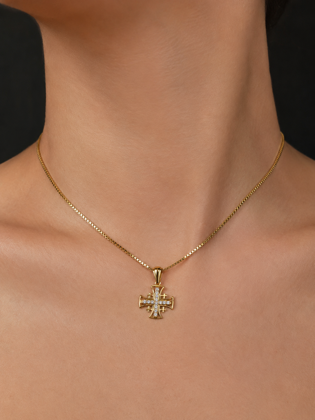 Jerusalem Cross Pendant in Gold-Plated 925 Sterling Silver with Austrian Crystals