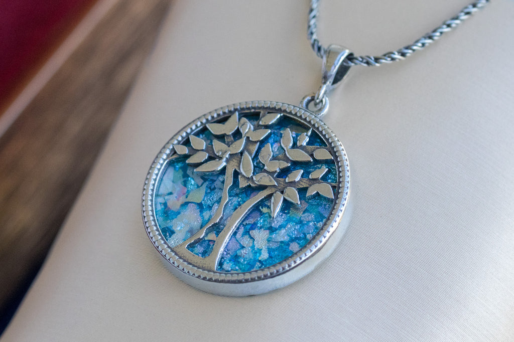 Tree of Life Pendant in Sterling Silver & Holy Land Blue Glass – Symbol of Wisdom, Renewal, and Divine Protection | Handmade in Jerusalem