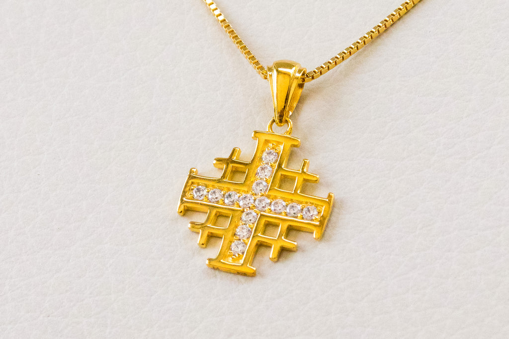 Jerusalem Cross Pendant in 925 Sterling Silver with 4 Micron Gold Layer and Austrian Crystals