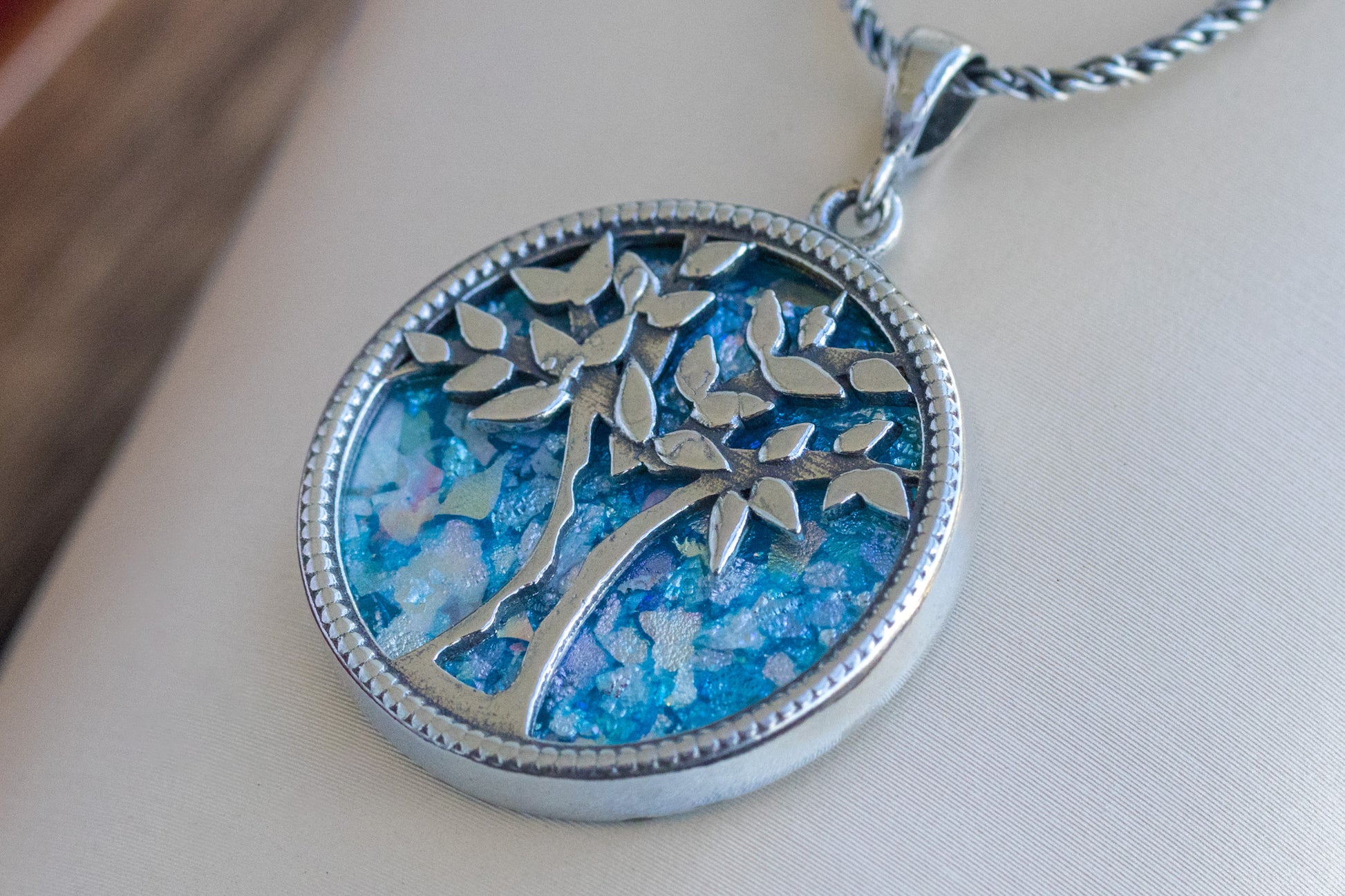 Tree of Life Pendant in Sterling Silver & Holy Land Blue Glass – Symbol of Wisdom, Renewal, and Divine Protection | Handmade in Jerusalem