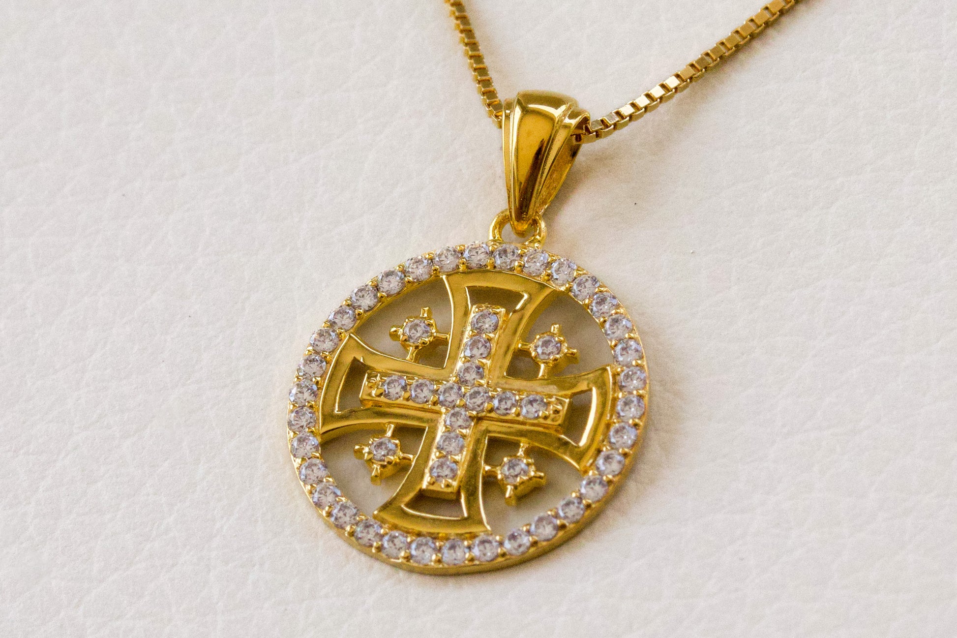 Jerusalem Cross Circle Pendant in Gold-Layerd 925 Sterling Silver with Austrian Crystals