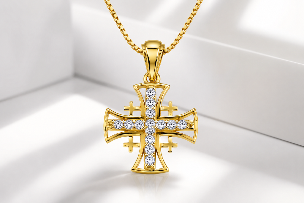 Jerusalem Cross Pendant in Gold-Plated 925 Sterling Silver with Austrian Crystals