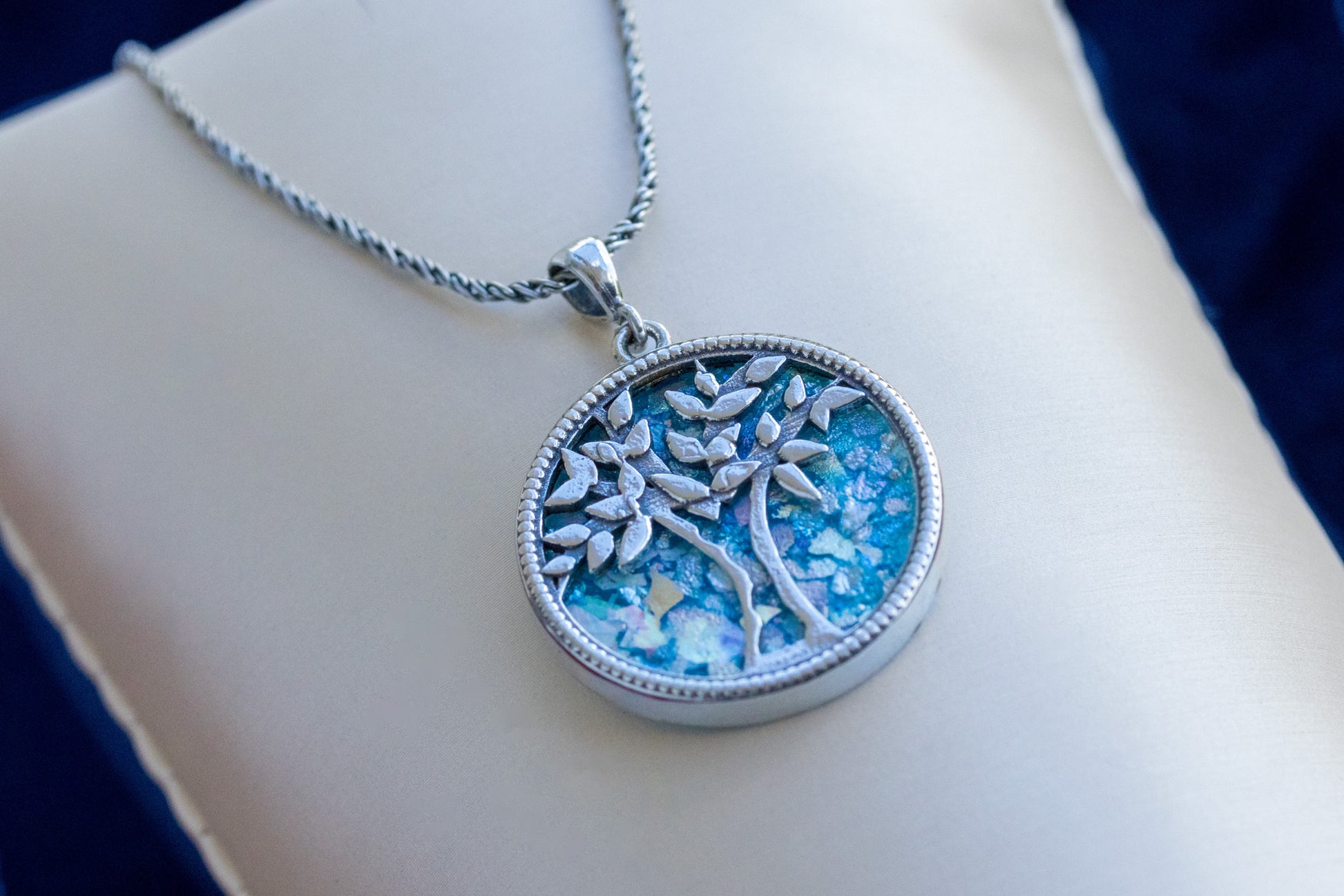 Tree of Life Pendant in Sterling Silver & Holy Land Blue Glass – Symbol of Wisdom, Renewal, and Divine Protection | Handmade in Jerusalem
