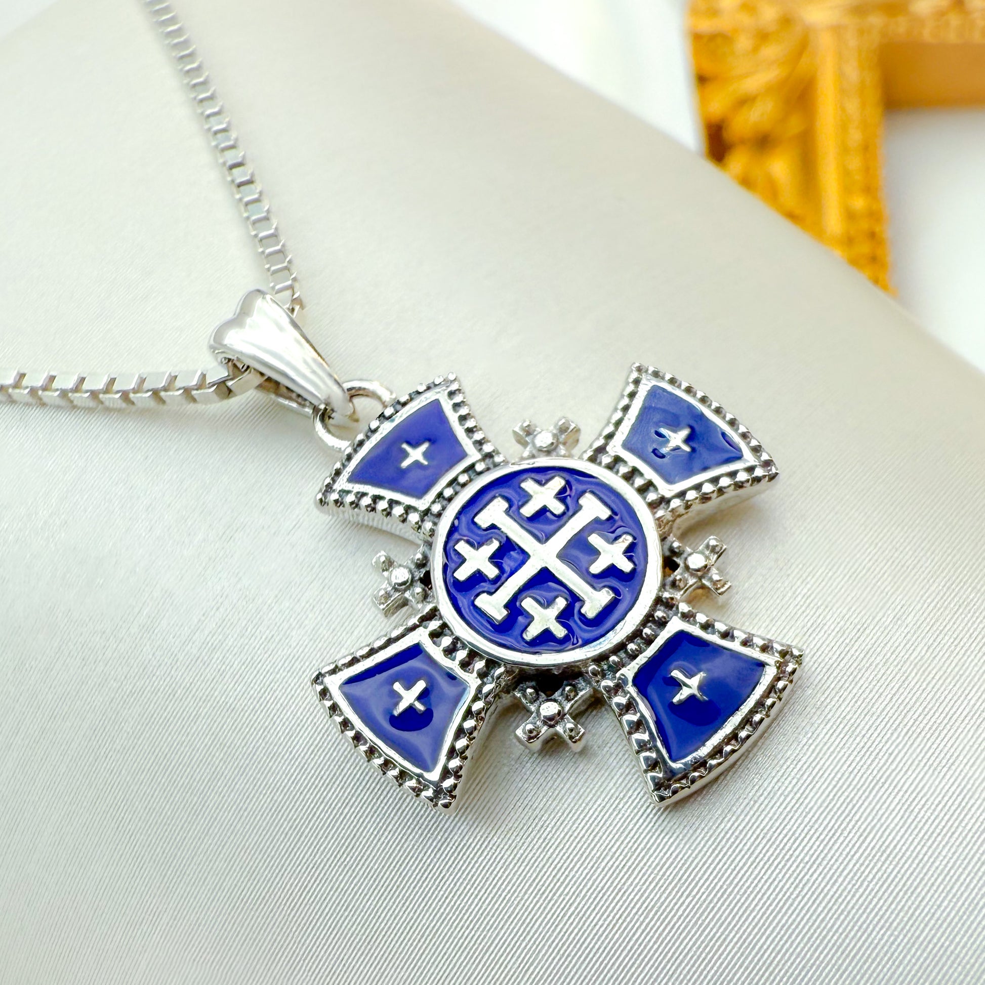 Jerusalem Cross Pendant Sterling Silver 925 with Blue Enamel, Handmade in the Holy Land