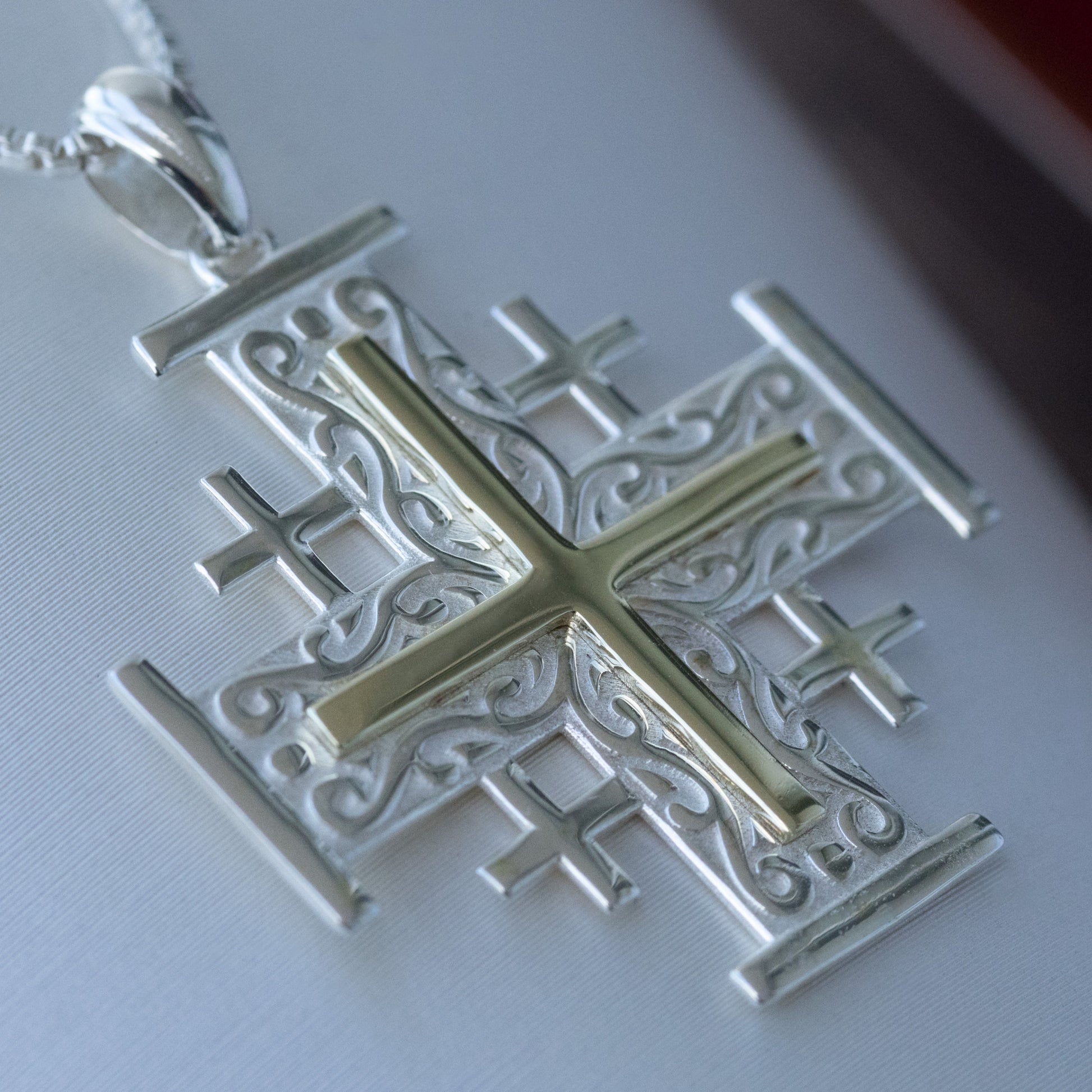Jerusalem Cross Pendant | Holy Land Christian Jewelry Gift | 925 Silver & 14k Gold | 1.10 Inch Faith Symbol with Thick Box Chain