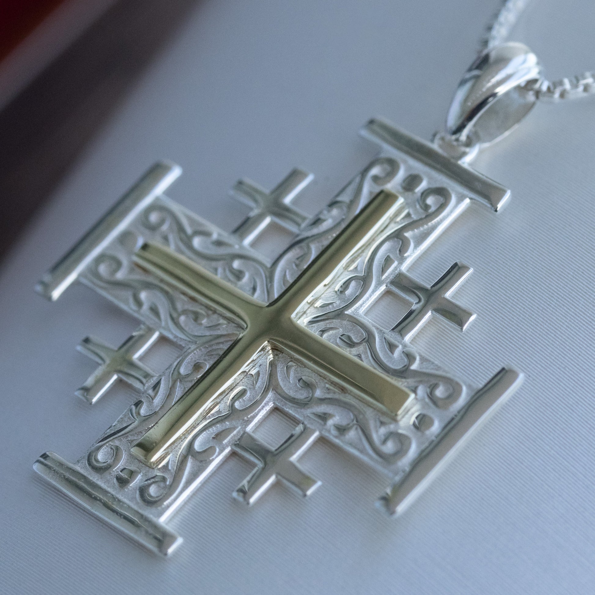 Jerusalem Cross Pendant | Holy Land Christian Jewelry Gift | 925 Silver & 14k Gold | 1.10 Inch Faith Symbol with Thick Box Chain