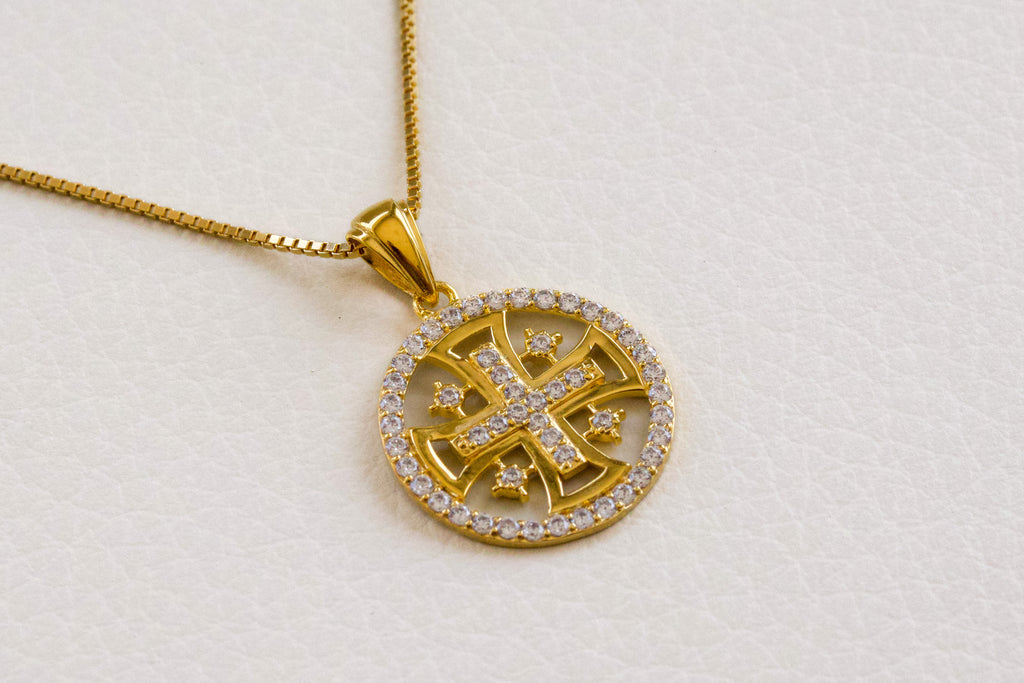 Jerusalem Cross Circle Pendant in Gold-Layerd 925 Sterling Silver with Austrian Crystals