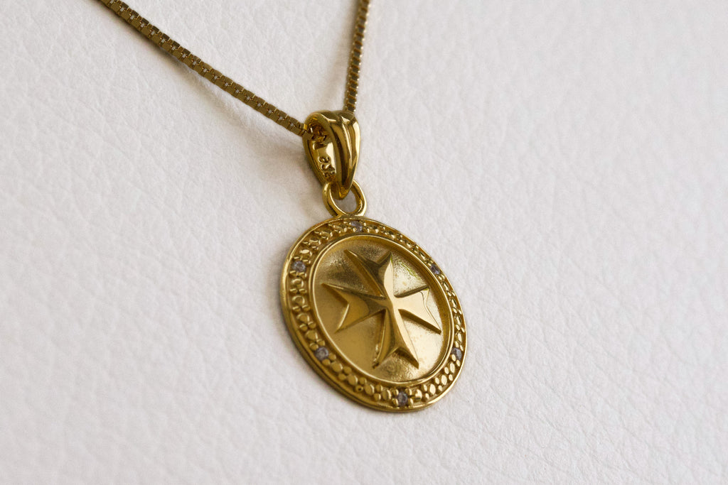 Jerusalem Cross Medallion Pendant in 925 Sterling Silver with 4 Micron Gold Layer and Austrian Crystals