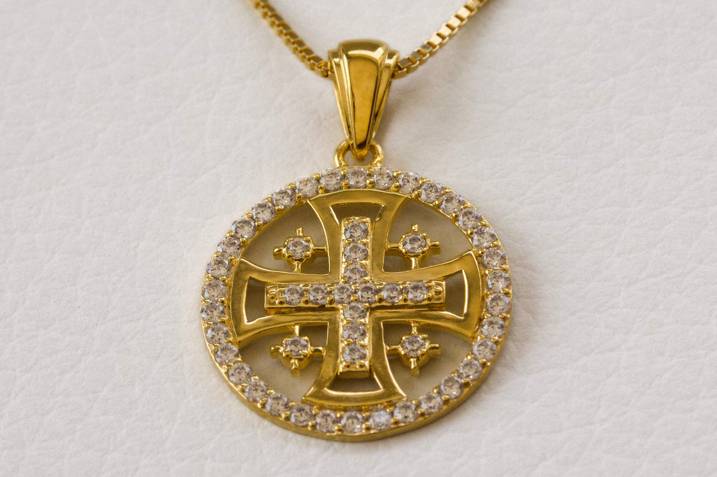 Jerusalem Cross Circle Pendant in Gold-Layerd 925 Sterling Silver with Austrian Crystals