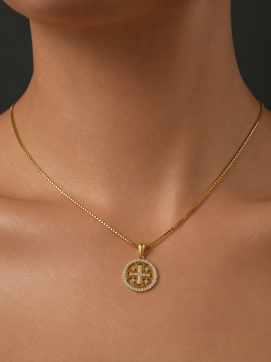 Jerusalem Cross Circle Pendant in Gold-Layerd 925 Sterling Silver with Austrian Crystals