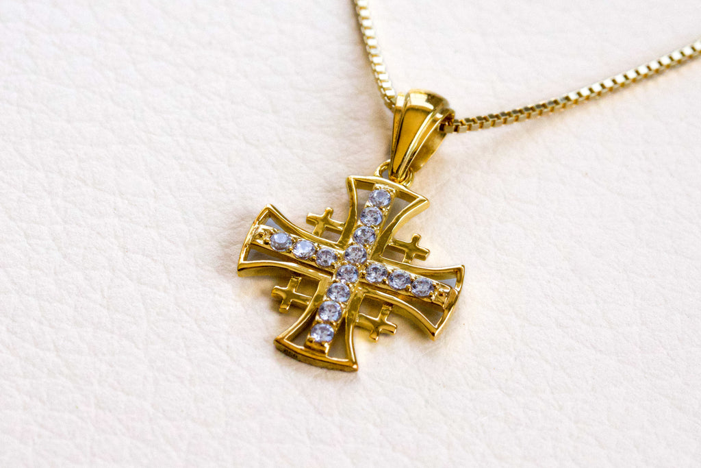 Jerusalem Cross Pendant in Gold-Plated 925 Sterling Silver with Austrian Crystals