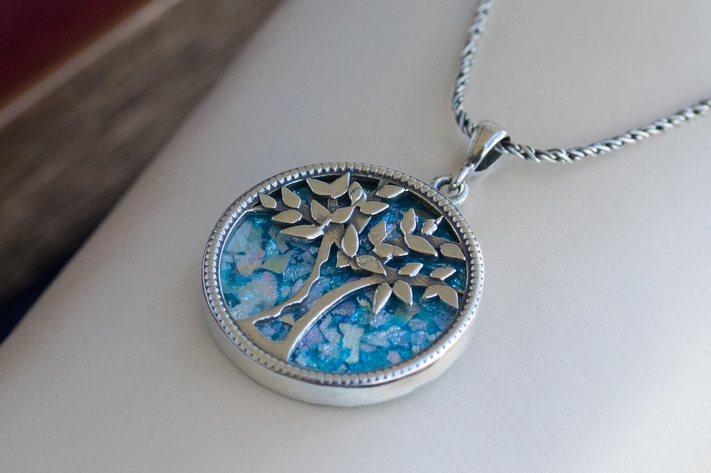 Tree of Life Pendant in Sterling Silver & Holy Land Blue Glass – Symbol of Wisdom, Renewal, and Divine Protection | Handmade in Jerusalem