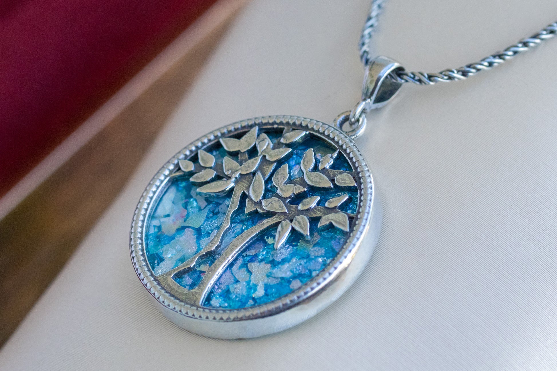 Tree of Life Pendant in Sterling Silver & Holy Land Blue Glass – Symbol of Wisdom, Renewal, and Divine Protection | Handmade in Jerusalem