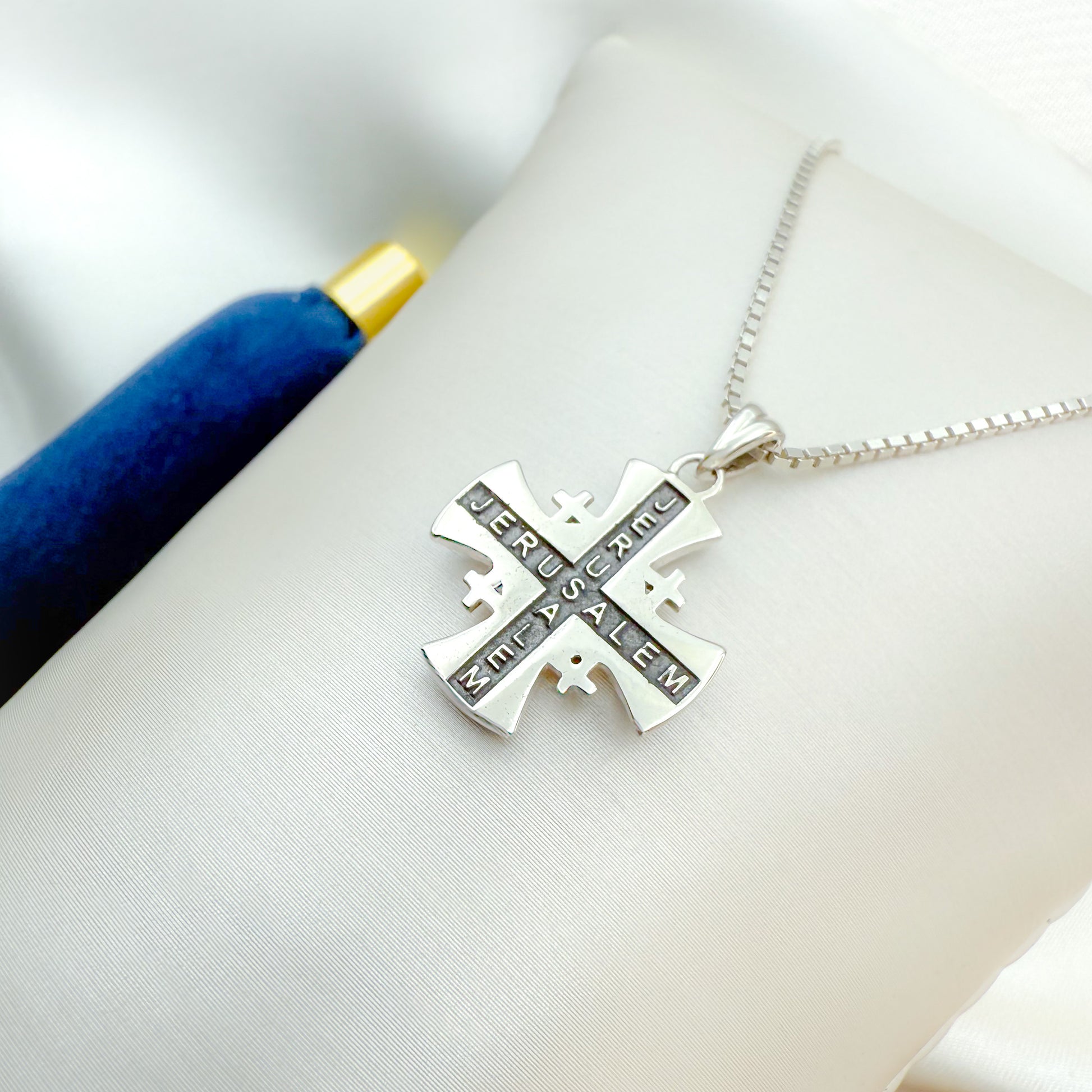 Jerusalem Cross Pendant Sterling Silver 925 with Blue Enamel, Handmade in the Holy Land