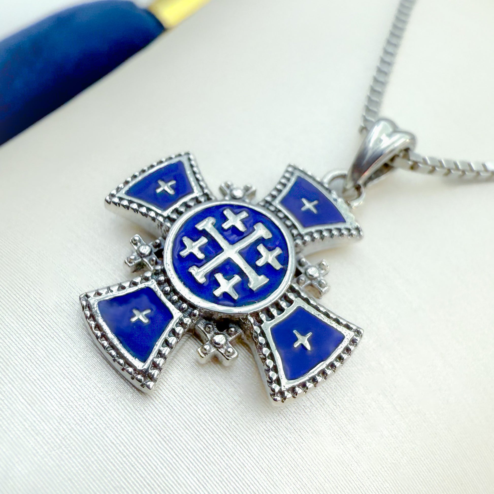 Jerusalem Cross Pendant Sterling Silver 925 with Blue Enamel, Handmade in the Holy Land