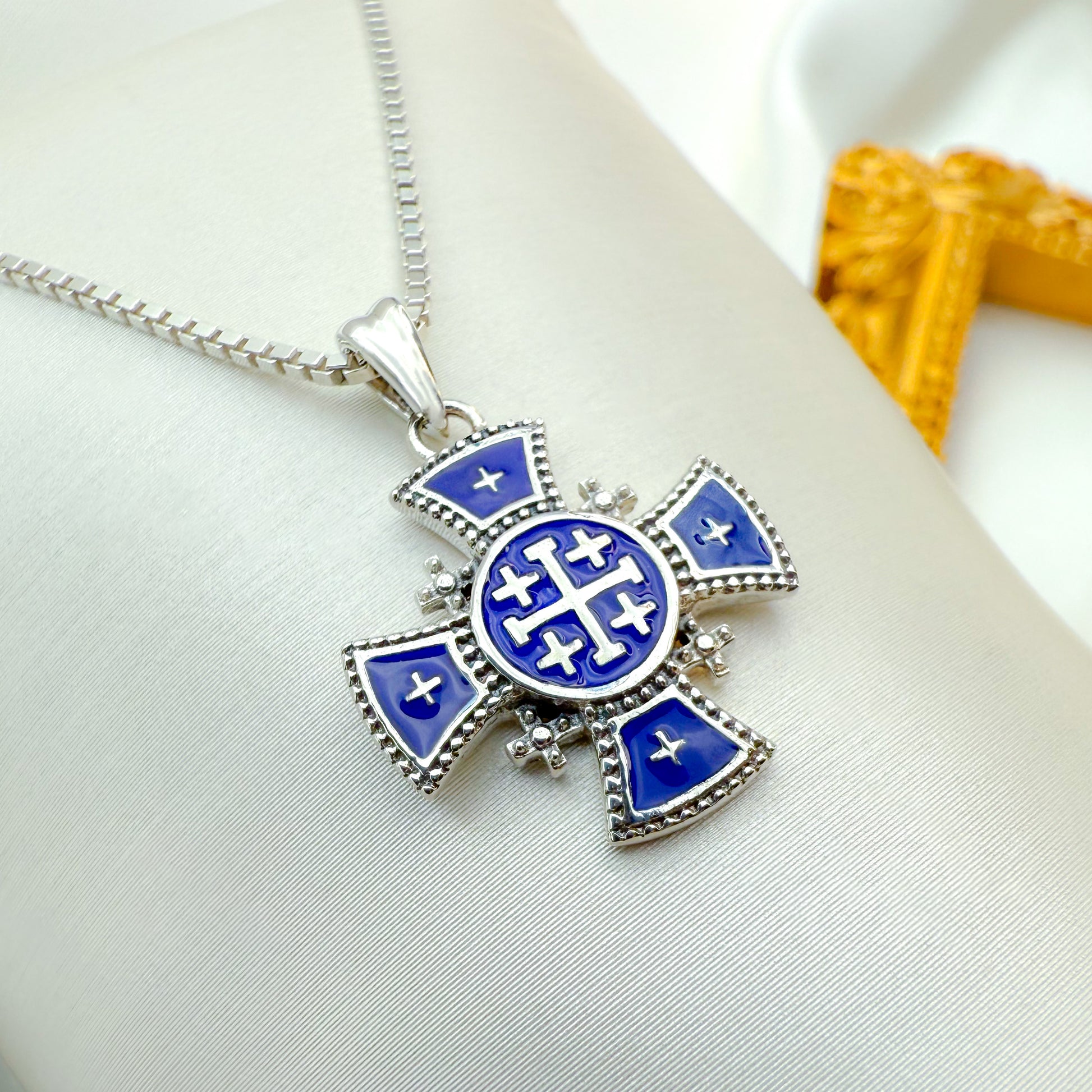 Jerusalem Cross Pendant Sterling Silver 925 with Blue Enamel, Handmade in the Holy Land
