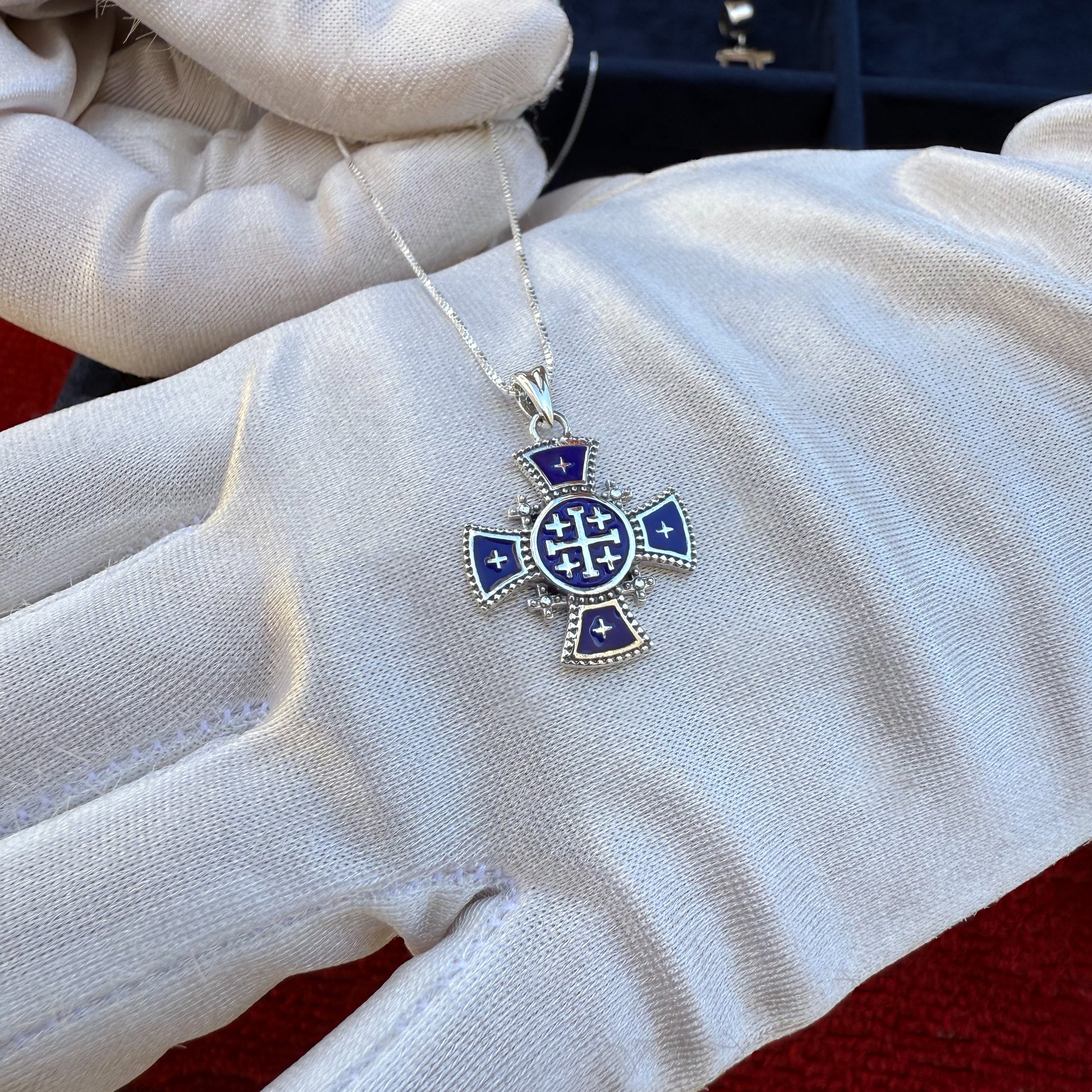 Jerusalem Cross Pendant Sterling Silver 925 with Blue Enamel, Handmade in the Holy Land