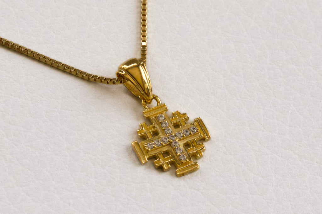 Jerusalem Cross Pendant in Gold Plated 925 Silver with Austrian Crystals