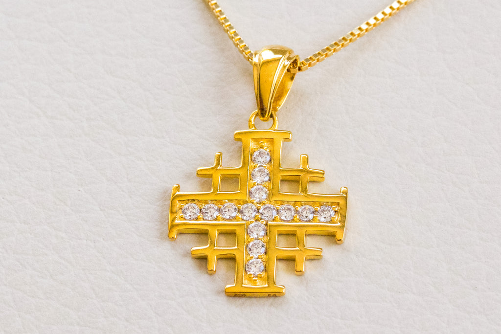 Jerusalem Cross Pendant in 925 Sterling Silver with 4 Micron Gold Layer and Austrian Crystals