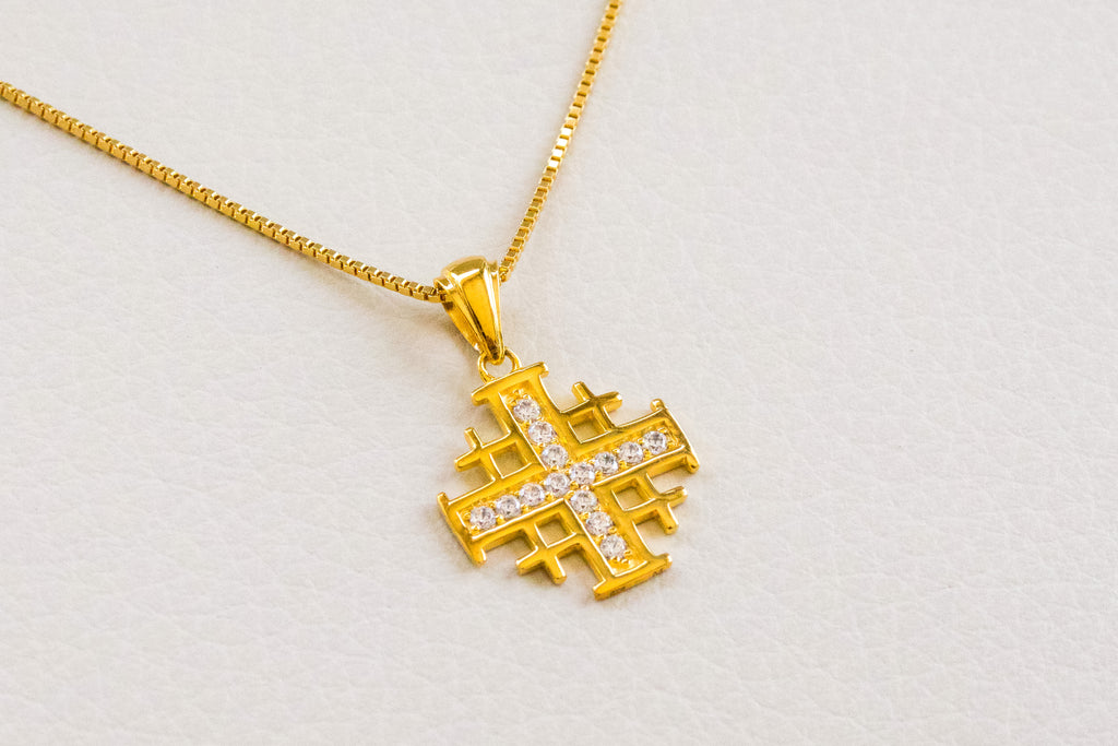 Jerusalem Cross Pendant in 925 Sterling Silver with 4 Micron Gold Layer and Austrian Crystals