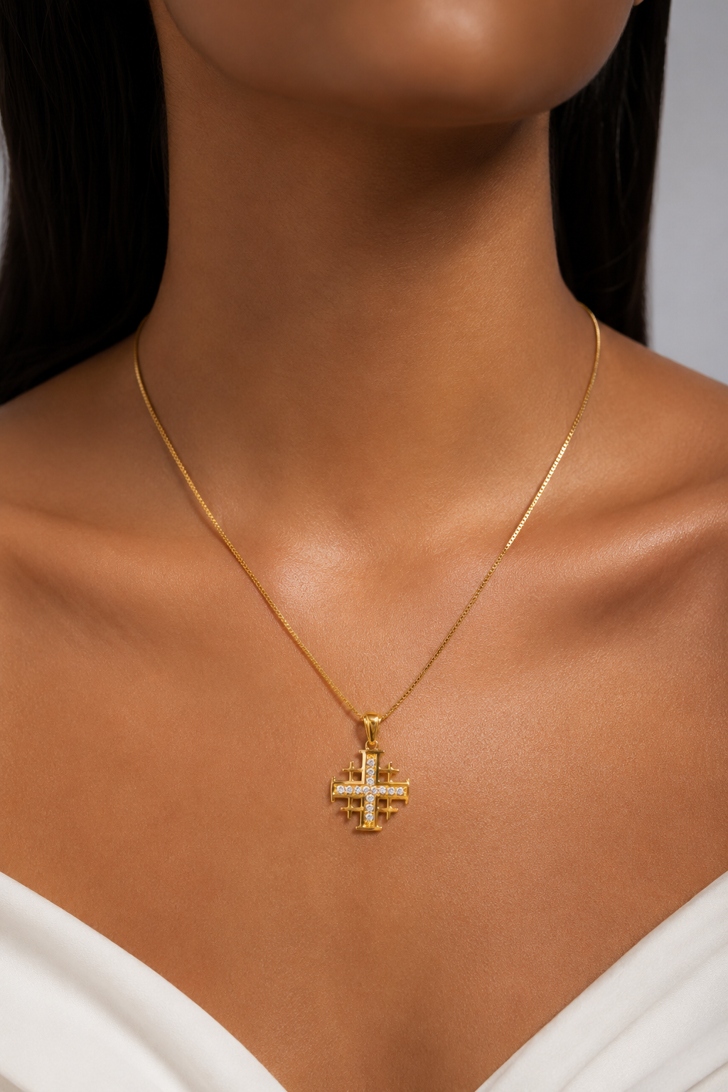 Jerusalem Cross Pendant in 925 Sterling Silver with 4 Micron Gold Layer and Austrian Crystals