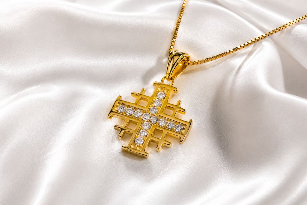 Jerusalem Cross Pendant in 925 Sterling Silver with 4 Micron Gold Layer and Austrian Crystals
