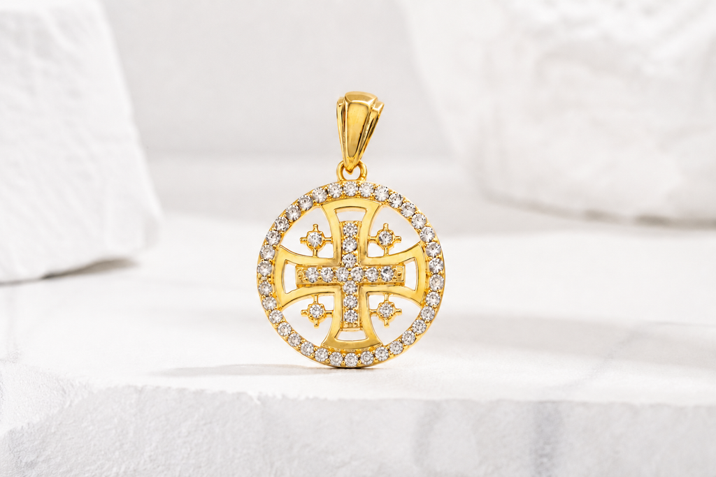 Jerusalem Cross Circle Pendant in Gold-Layerd 925 Sterling Silver with Austrian Crystals