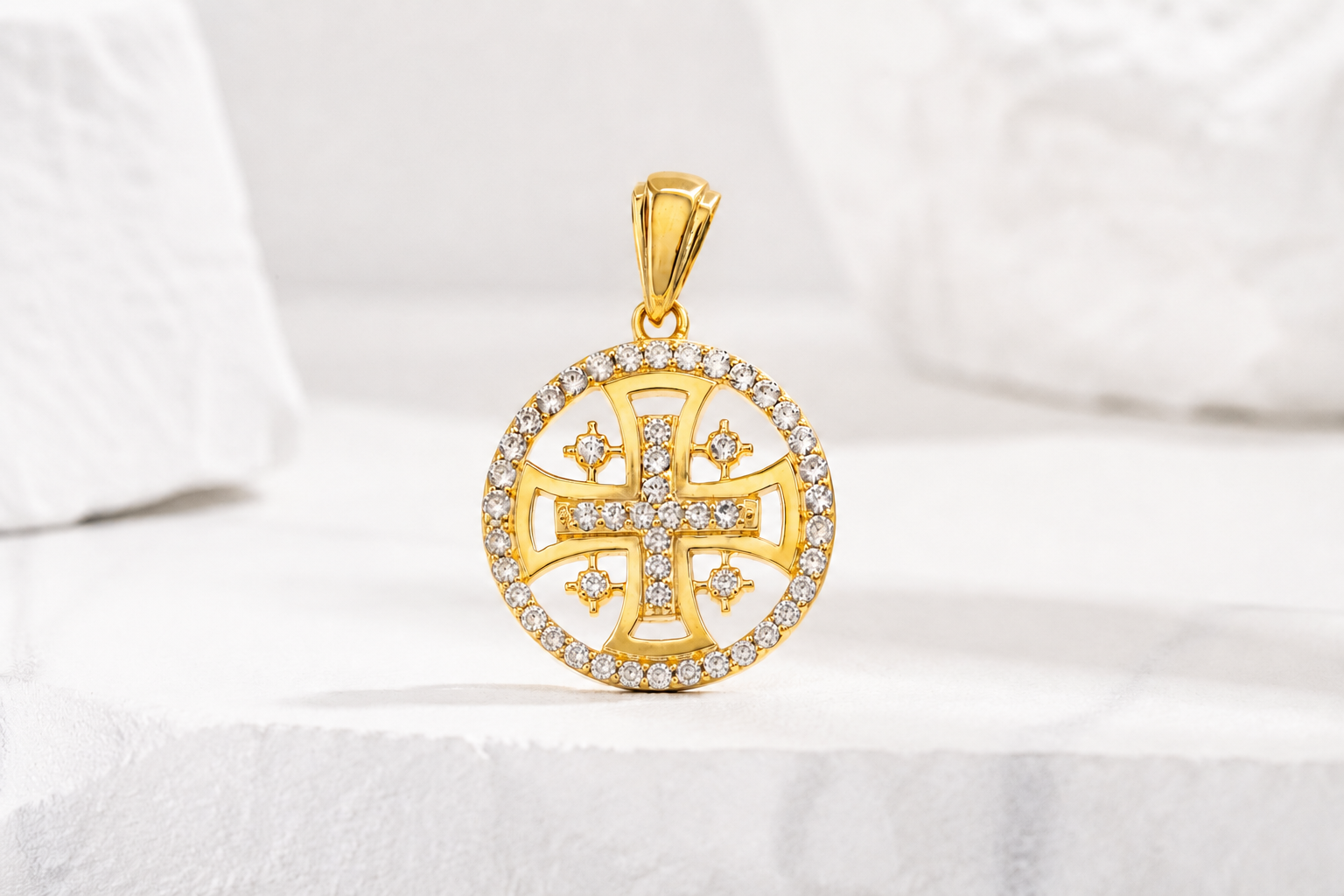 Jerusalem Cross Circle Pendant in Gold-Layerd 925 Sterling Silver with Austrian Crystals