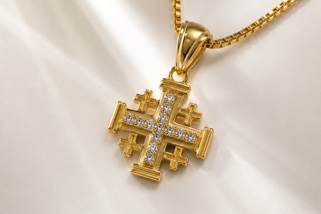 Jerusalem Cross Pendant in Gold Plated 925 Silver with Austrian Crystals