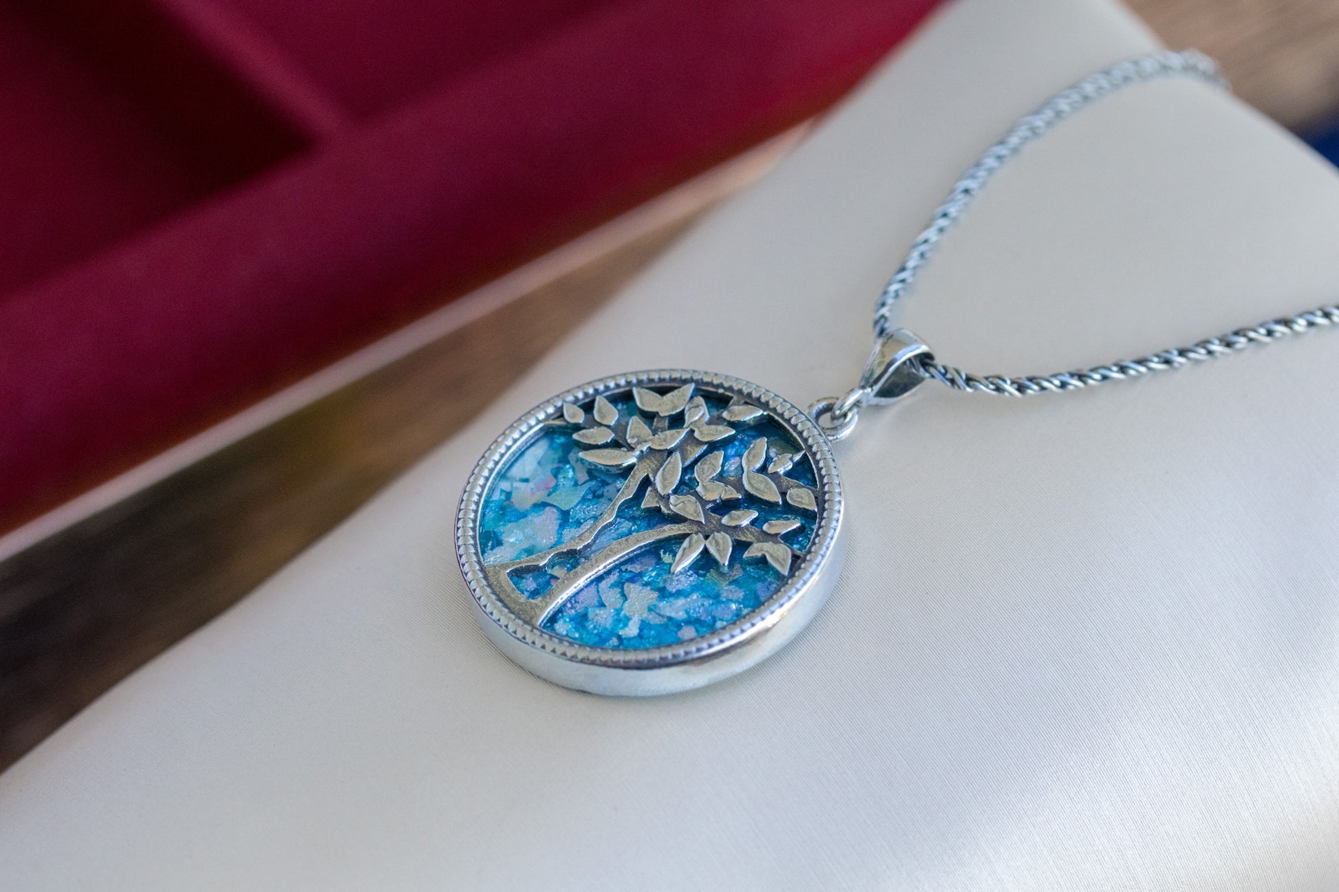 Tree of Life Pendant in Sterling Silver & Holy Land Blue Glass – Symbol of Wisdom, Renewal, and Divine Protection | Handmade in Jerusalem