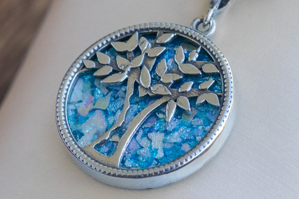 Tree of Life Pendant in Sterling Silver & Holy Land Blue Glass – Symbol of Wisdom, Renewal, and Divine Protection | Handmade in Jerusalem