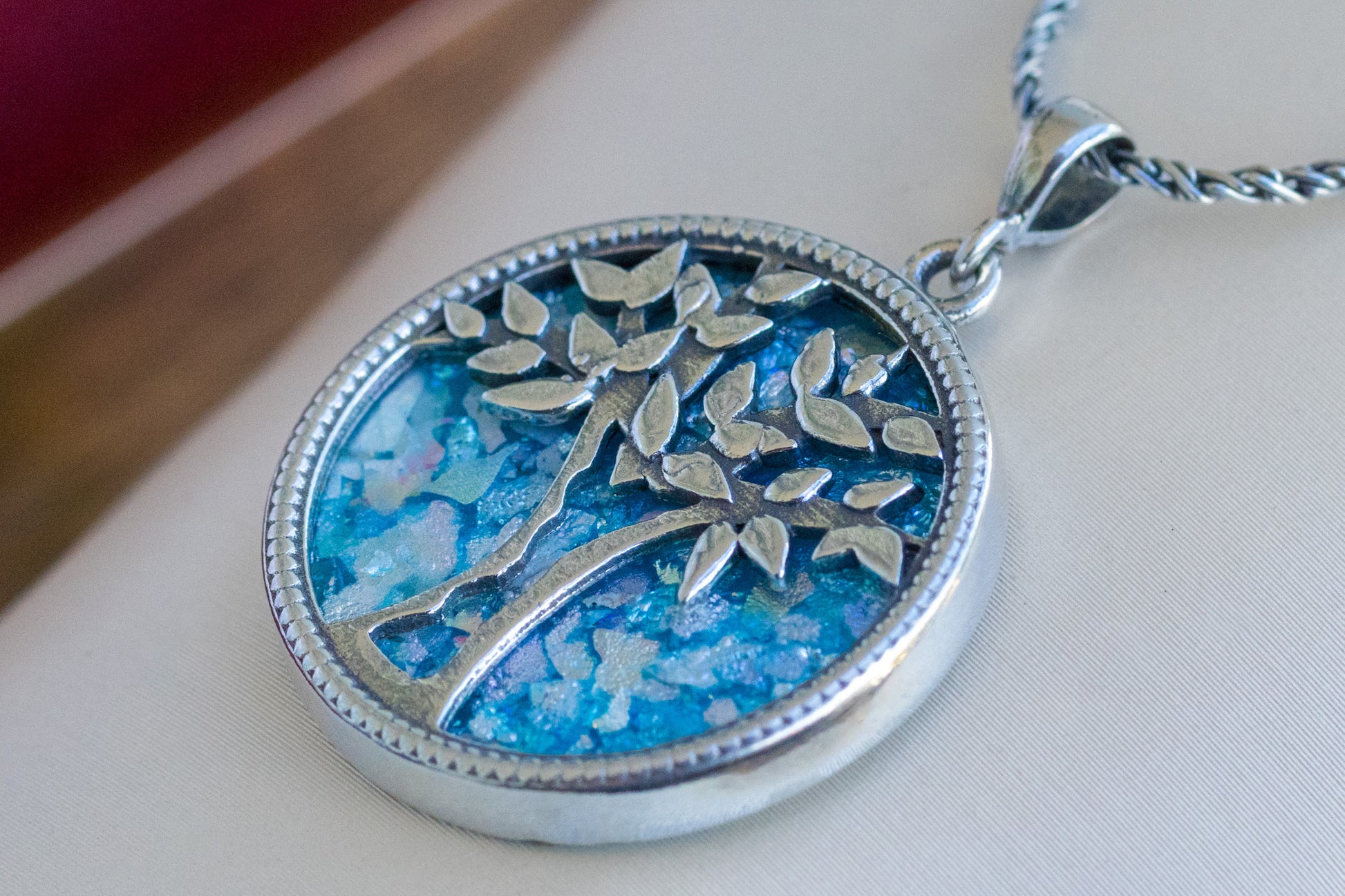 Tree of Life Pendant in Sterling Silver & Holy Land Blue Glass – Symbol of Wisdom, Renewal, and Divine Protection | Handmade in Jerusalem