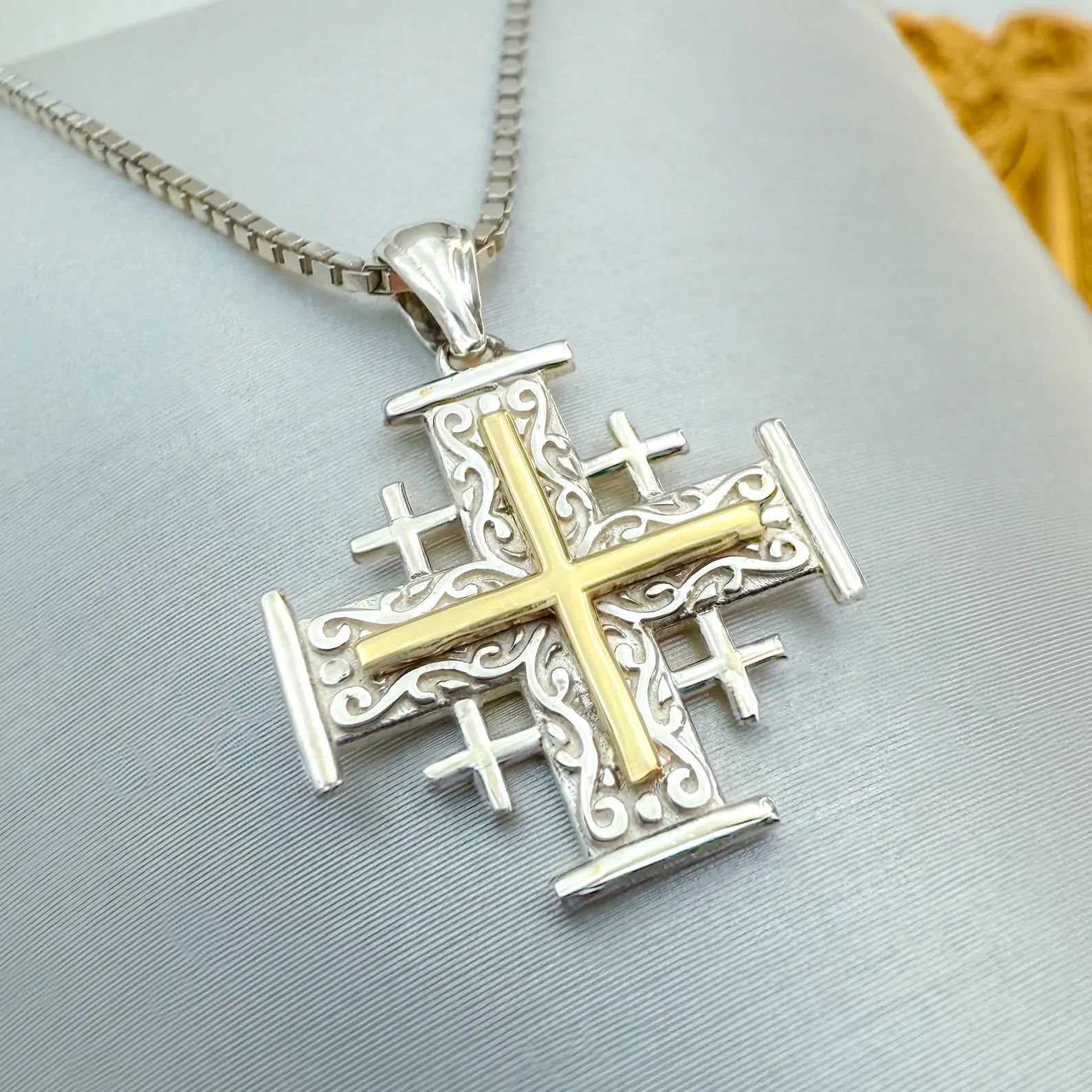 Handmade Jerusalem Cross Pendant in 925 Silver with 14k Gold Accents
