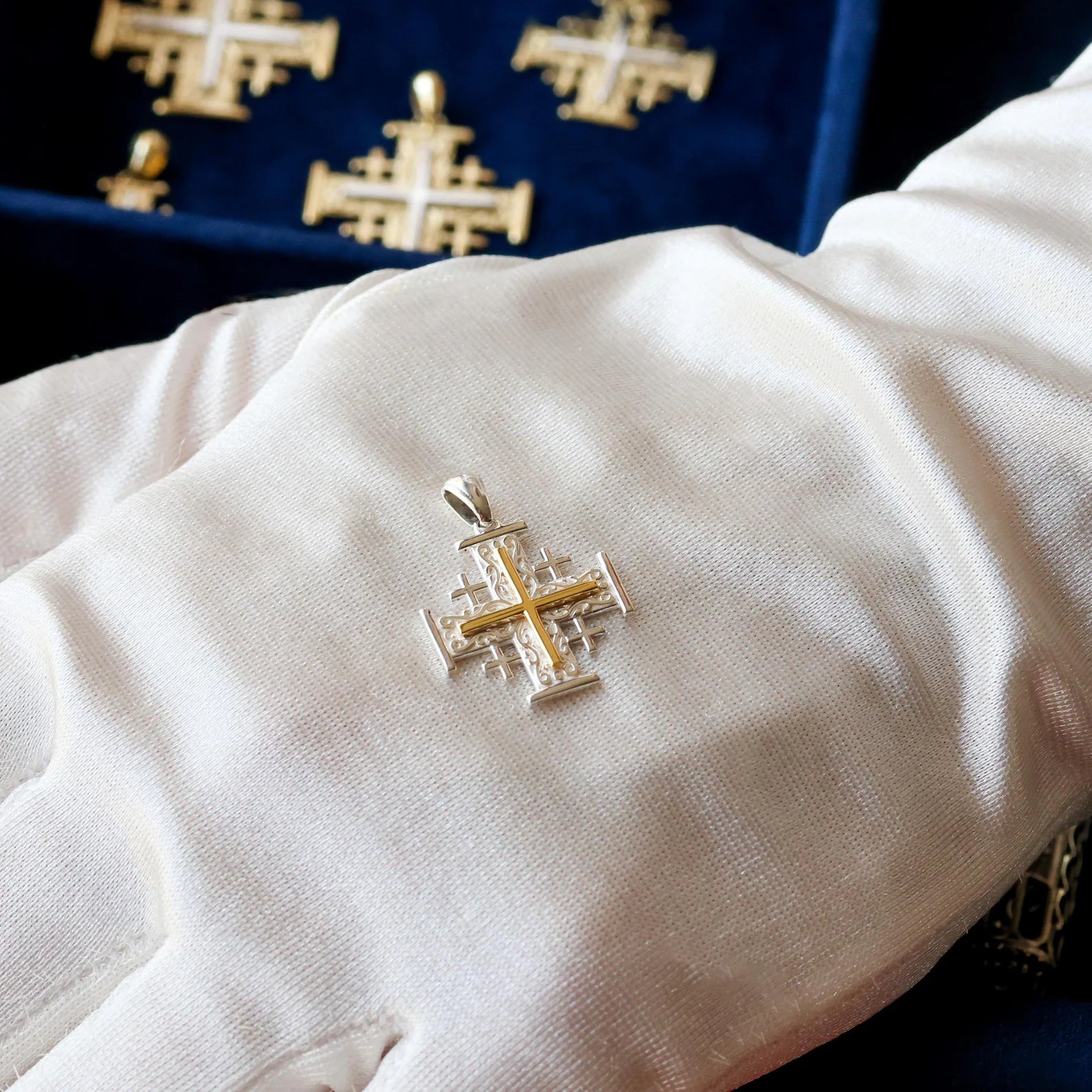 Handmade Jerusalem Cross Pendant in 925 Silver with 14k Gold Accents