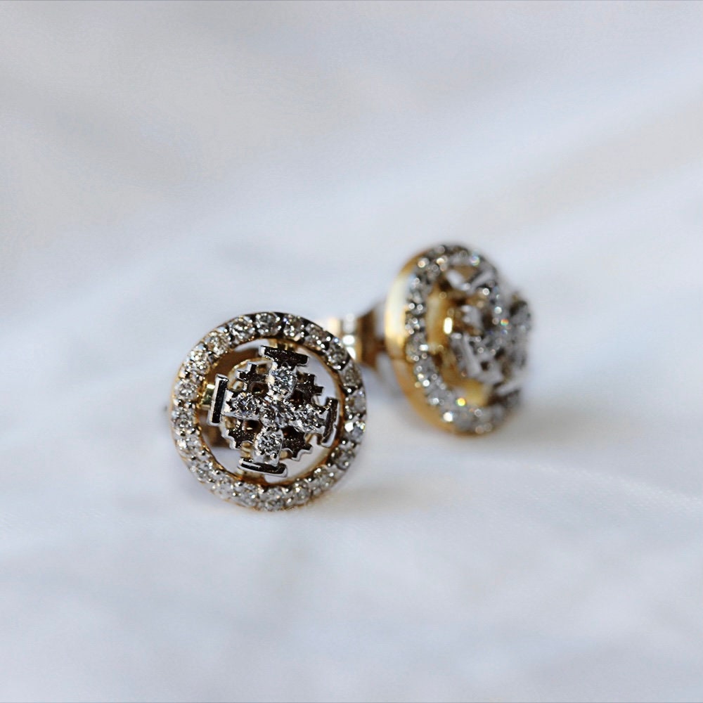 Jerusalem Cross Stud Earrings in 14k Gold with 50 Diamonds 0.36ct