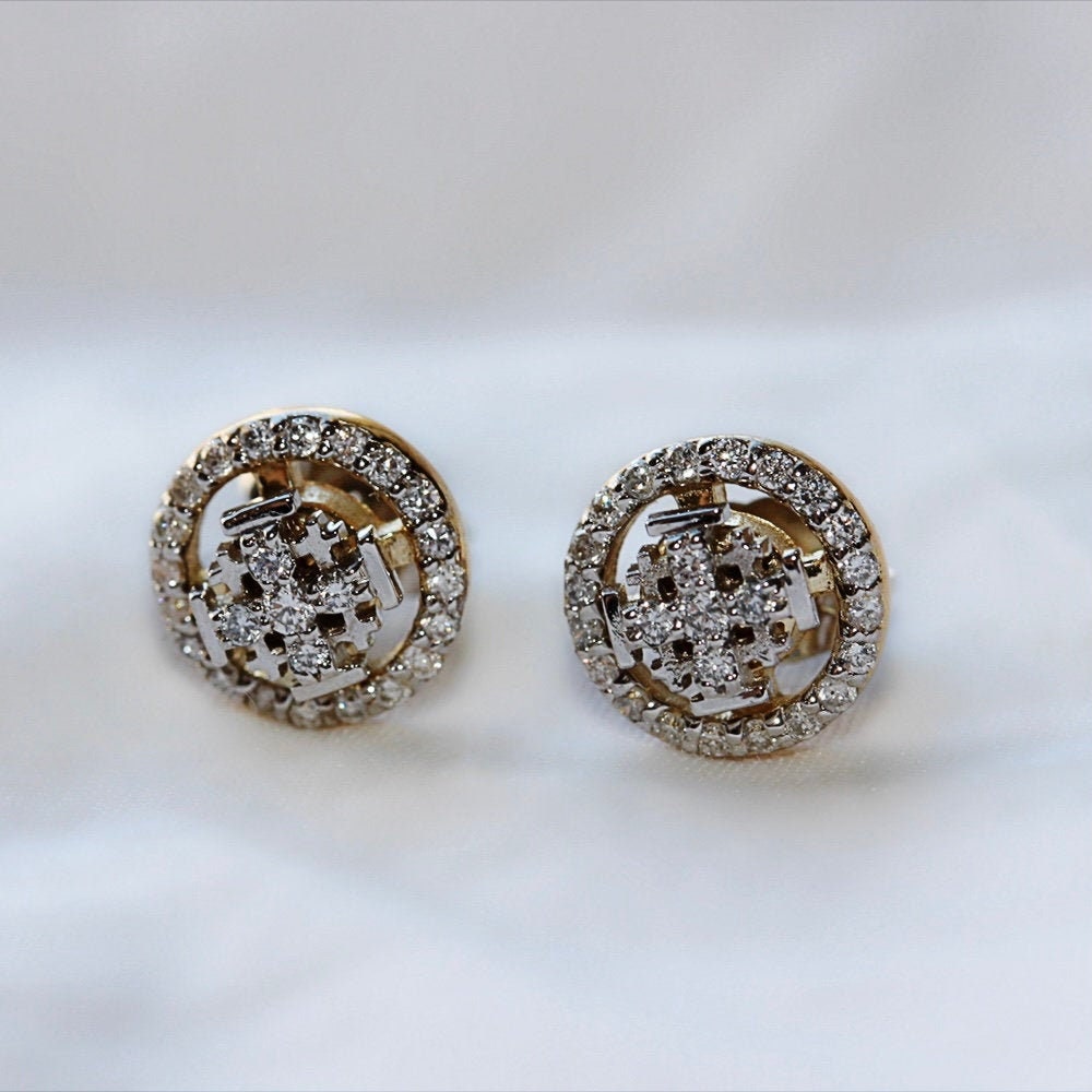 Jerusalem Cross Stud Earrings in 14k Gold with 50 Diamonds 0.36ct