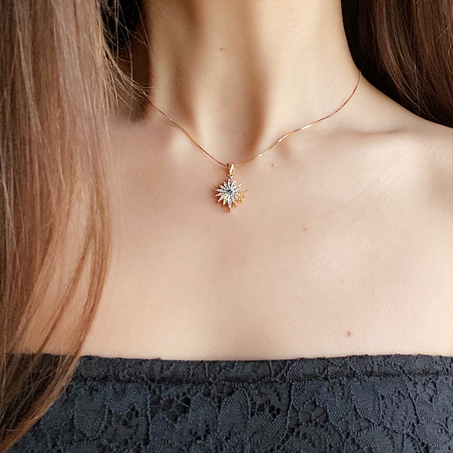 Radiant Star of Bethlehem Pendant in 14k Gold with White and Blue Diamonds