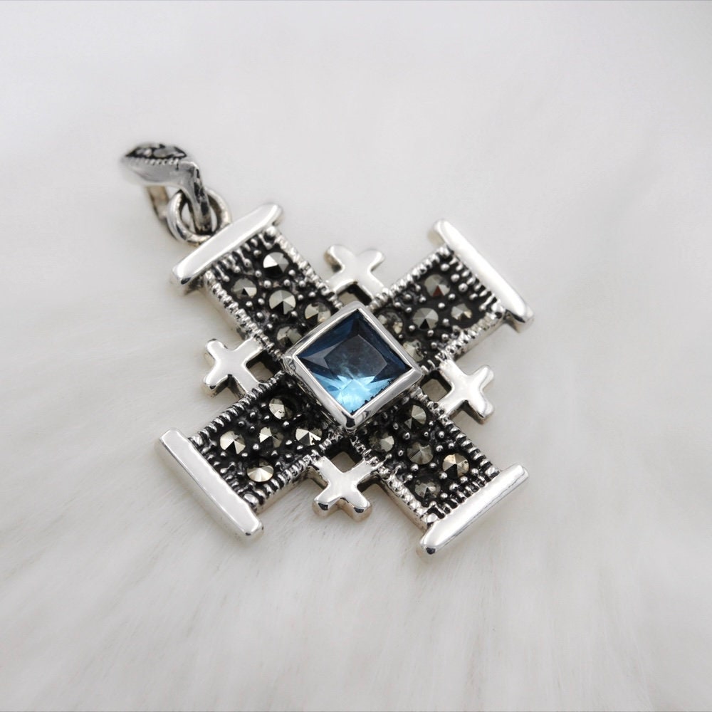 Jerusalem Cross with Aquamarine & Marcasite stones in silver 925