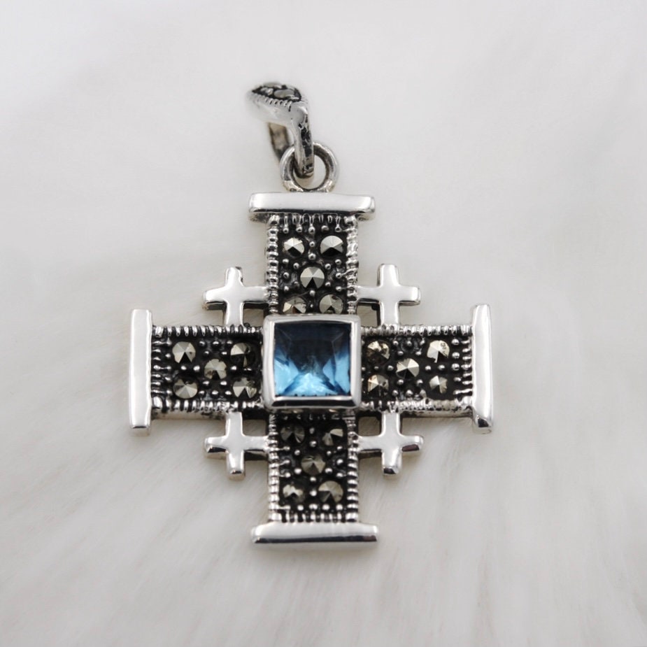 Jerusalem Cross with Aquamarine & Marcasite stones in silver 925