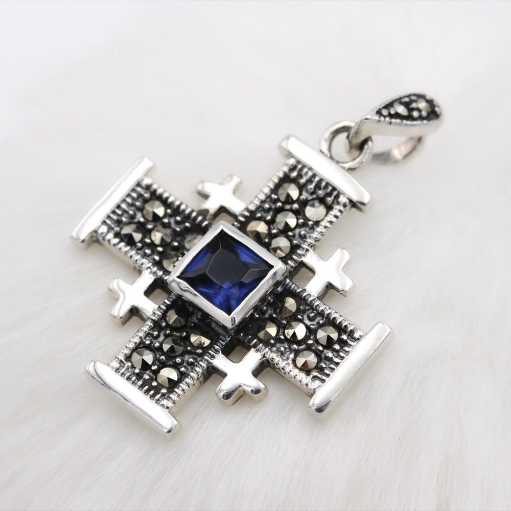 Jerusalem Cross Pendant with Blue Sapphire and Marcasite stones