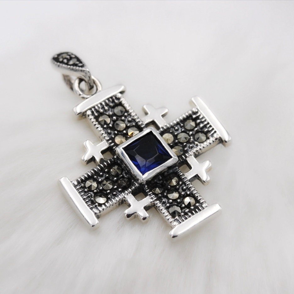 Jerusalem Cross Pendant with Blue Sapphire and Marcasite stones