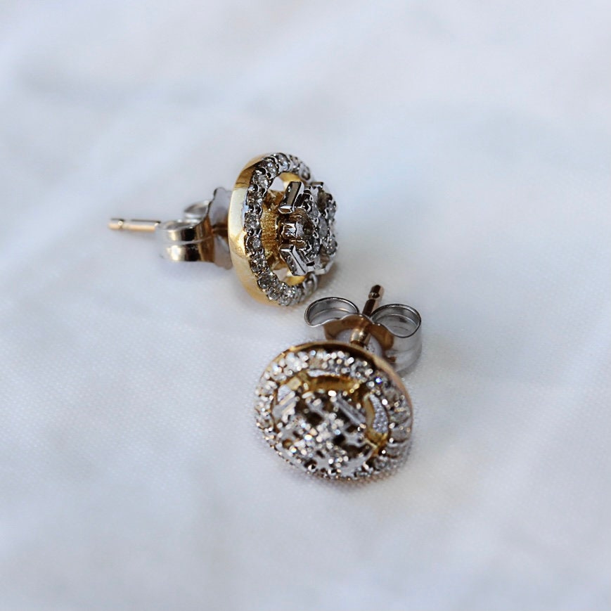 Jerusalem Cross Stud Earrings in 14k Gold with 50 Diamonds 0.36ct