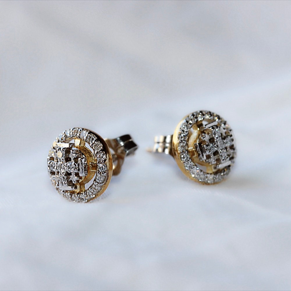 Jerusalem Cross Stud Earrings in 14k Gold with 50 Diamonds 0.36ct