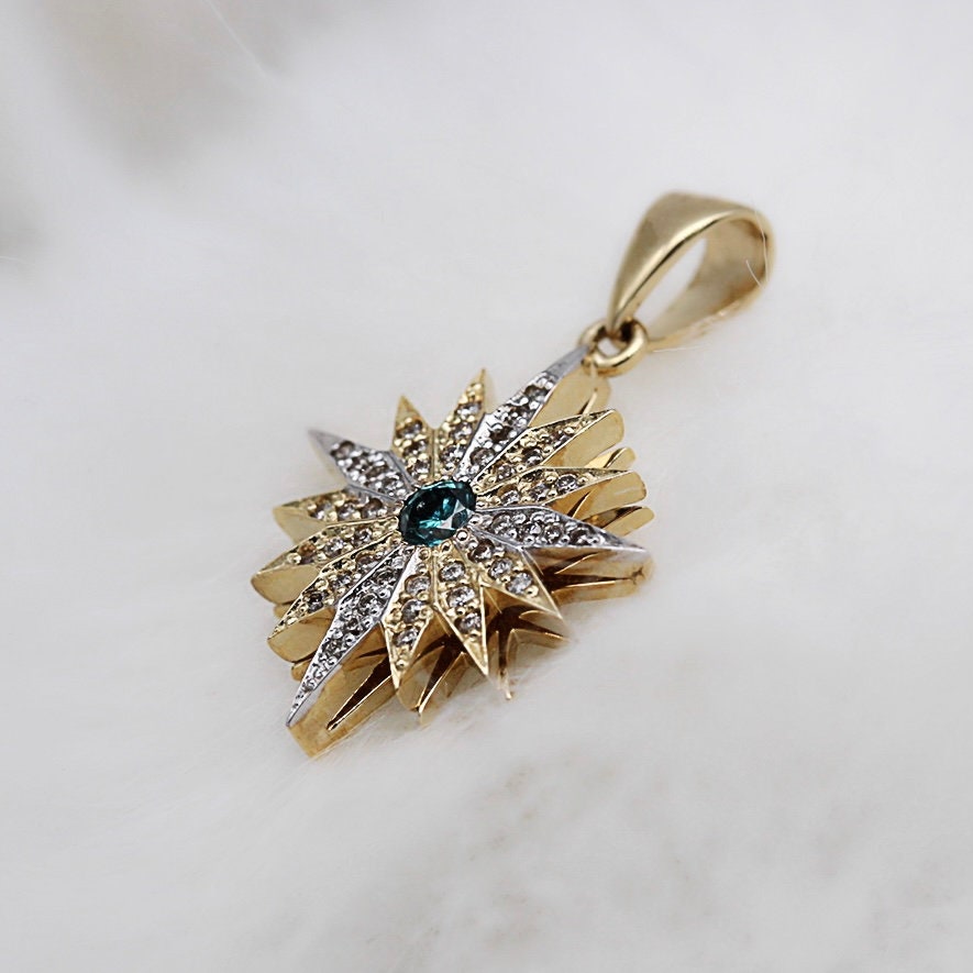 Radiant Star of Bethlehem Pendant in 14k Gold with White and Blue Diamonds