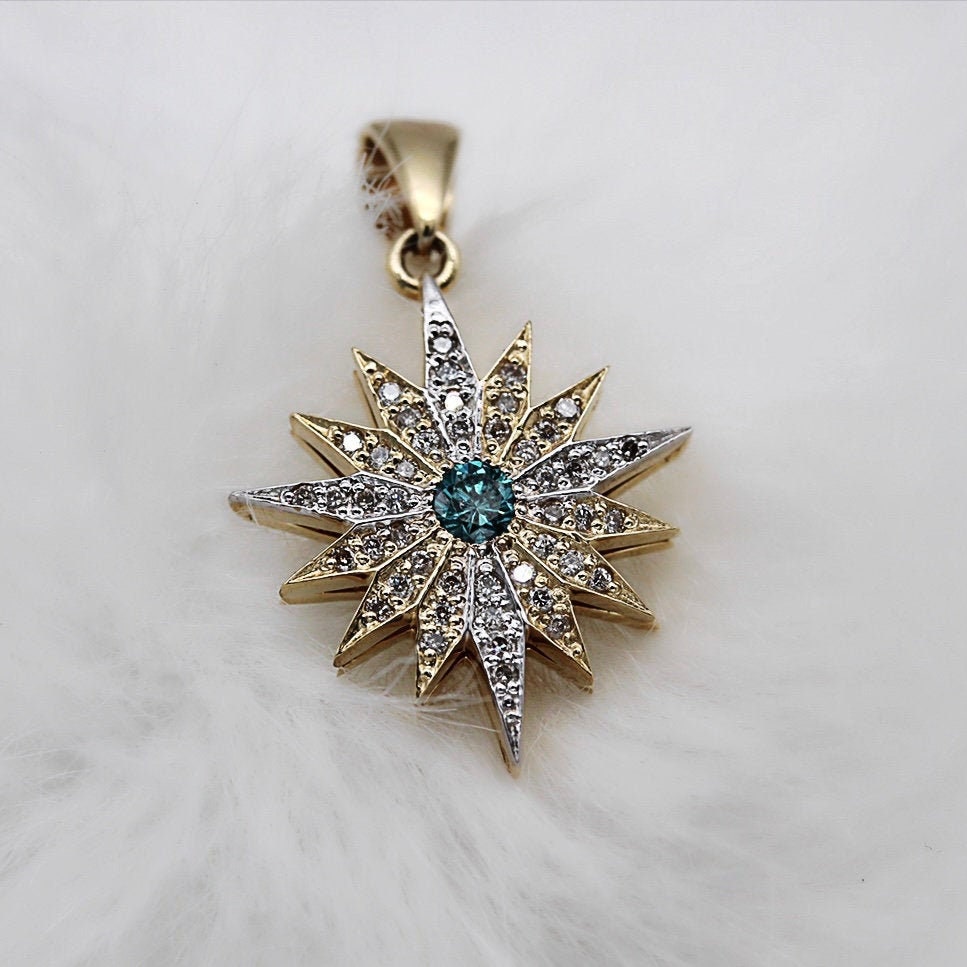 Radiant Star of Bethlehem Pendant in 14k Gold with White and Blue Diamonds