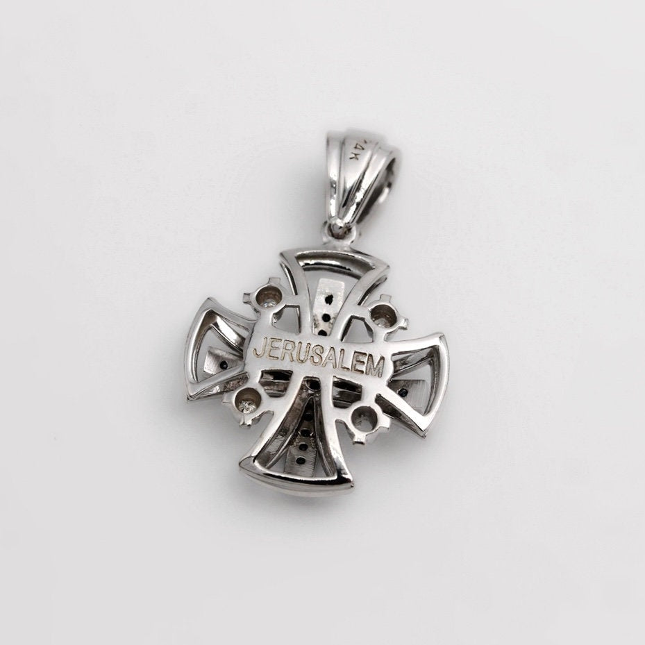 Jerusalem Cross Pendant in 14k White Gold with 25 Diamonds 0.30ct | Symbol of Faith