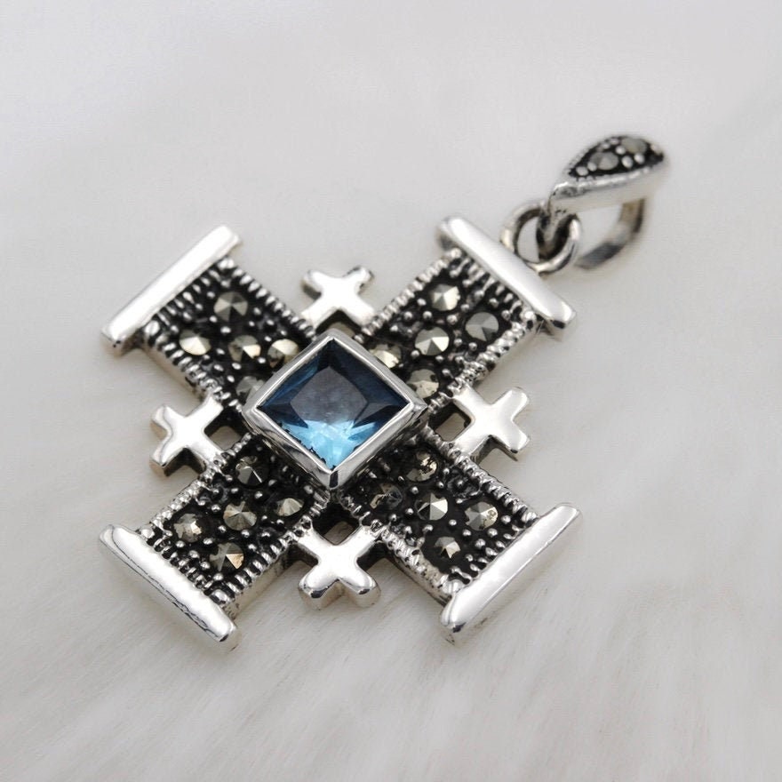 Jerusalem Cross with Aquamarine & Marcasite stones in silver 925