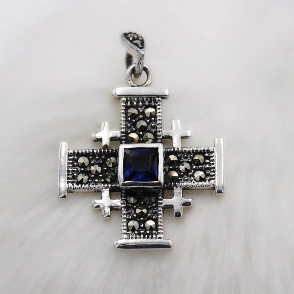 Jerusalem Cross Pendant with Blue Sapphire and Marcasite stones